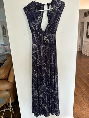 Navy Paisley Backless Maxi Dress with Tie Neck